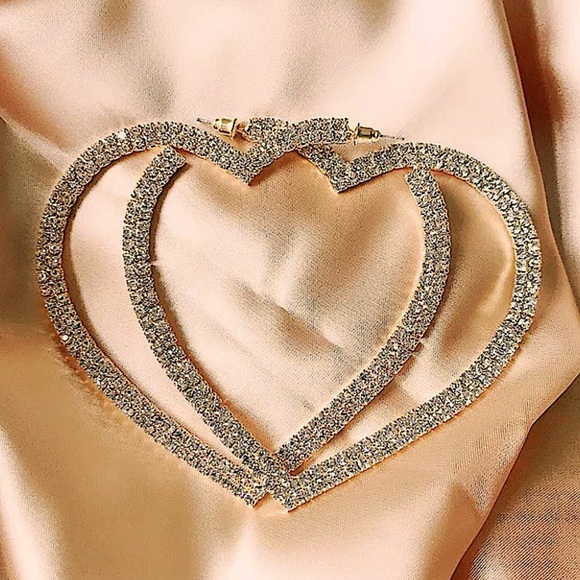 Diamond Oversized Gold Rhinestone Heart Hoop Earrings - Picture 10 of 11
